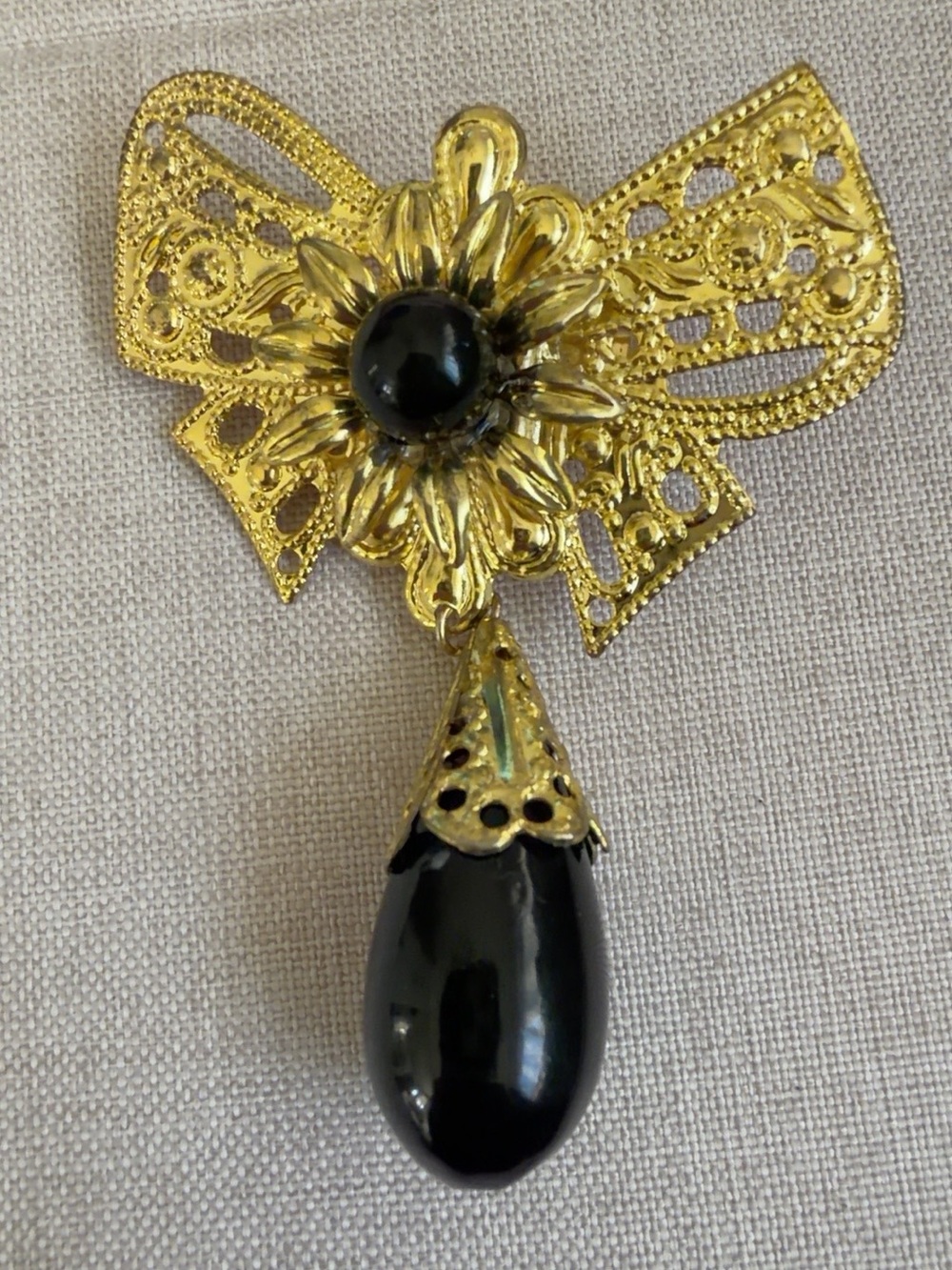 Gold and Black Floral Drop Brooch - Women Jewelry